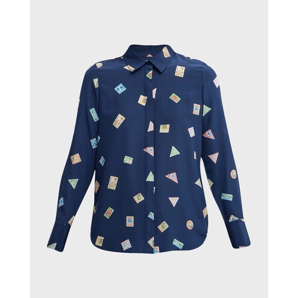 Lafayette 148 New York Scottie Navy Silk Blouse Women's Postal Stamp Size Small
